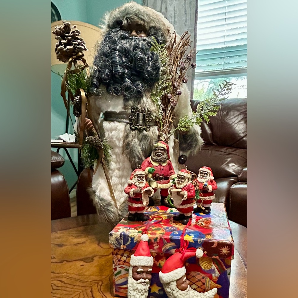 Vintage African American Santa Holiday Figurine Set ornaments & standing figure